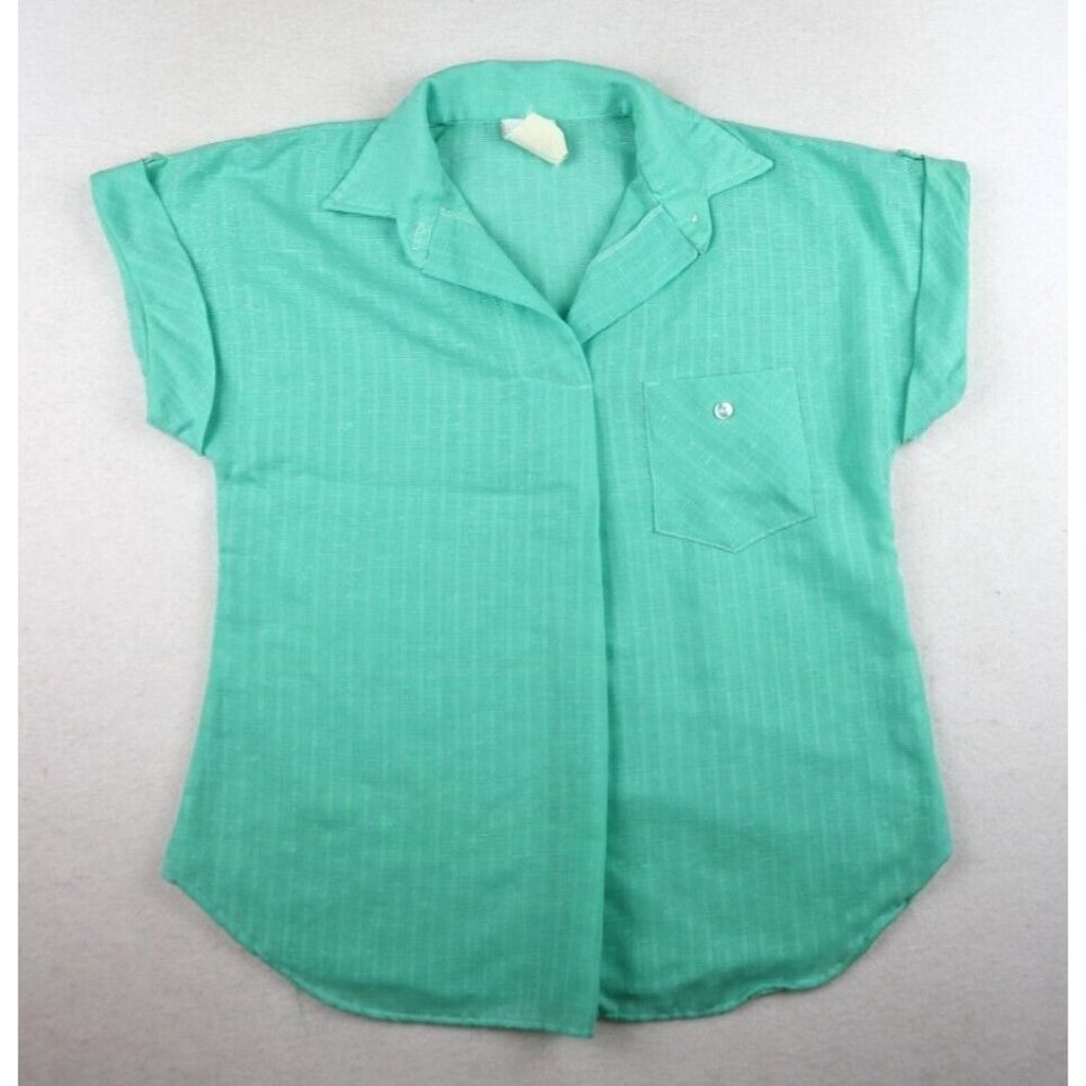 VINTAGE 1970s 70s GREEN SHORT SLEEVE COLLARED TOP - LUCKY GIRL - PRETEEN SIZE 10